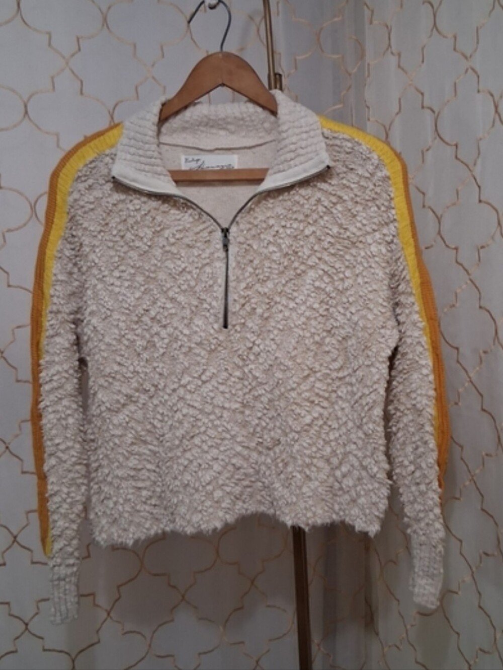 Vintage Havana Cream Sherpa Half-Zip Sweater with Yellow Sleeve Stripe